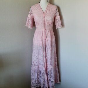 Pastel Pink Lace Tiered Button Front Short Sleeve Maxi Dress
